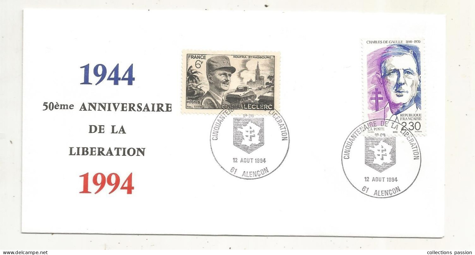 Libération, Cachet Commémoratif, 50e Anniversaire De La Libération D'ALENCON,61, 12 Aout 1994,,frais Fr 1.65 E - Liberation