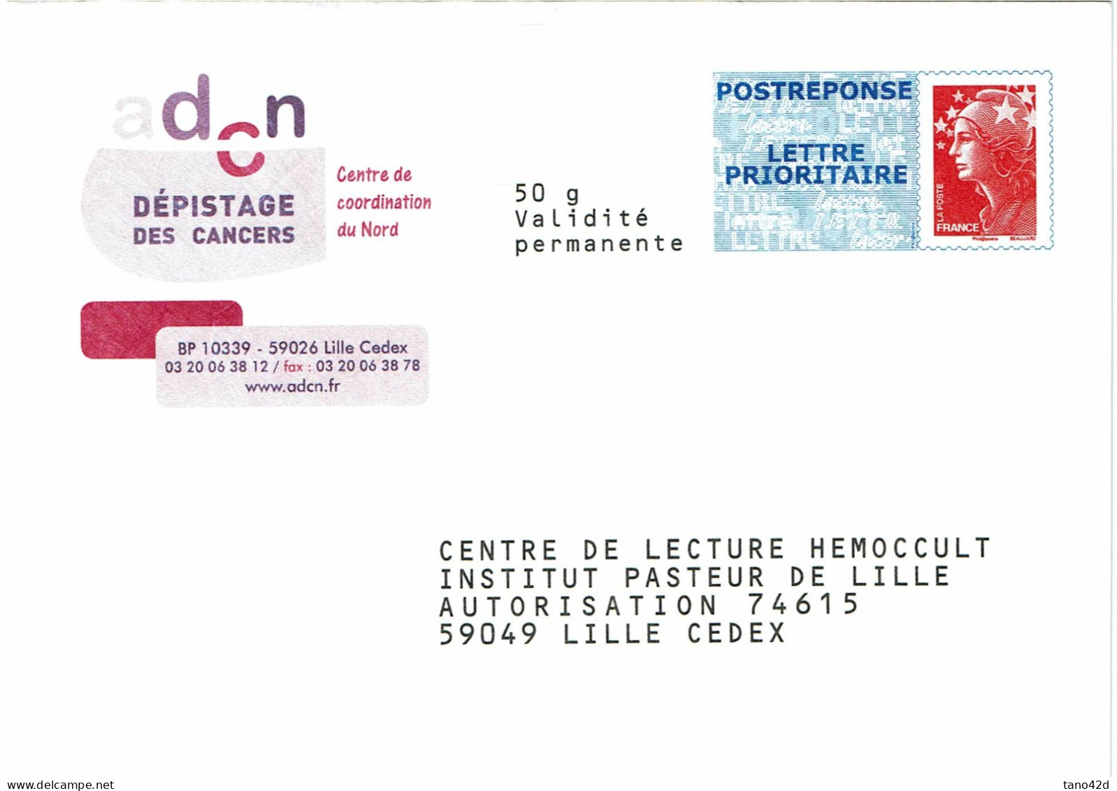 FRANCE - PAP REPONSE ADCN CENTRE DE COORDINATION DU NORD -  NEUF - Prêts-à-poster:Stamped On Demand & Semi-official Overprinting (1995-...)