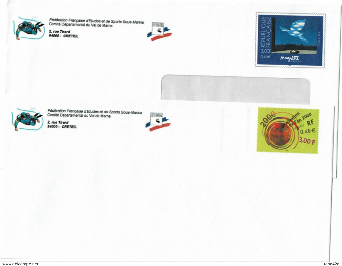 FRANCE - 2 PAP AN 2000 ET MAGRITTE REPIQUAGE "FED.FR.ETUDES SPORTS SOUS-MARINS" EUFS - Overprinted Covers (before 1995)