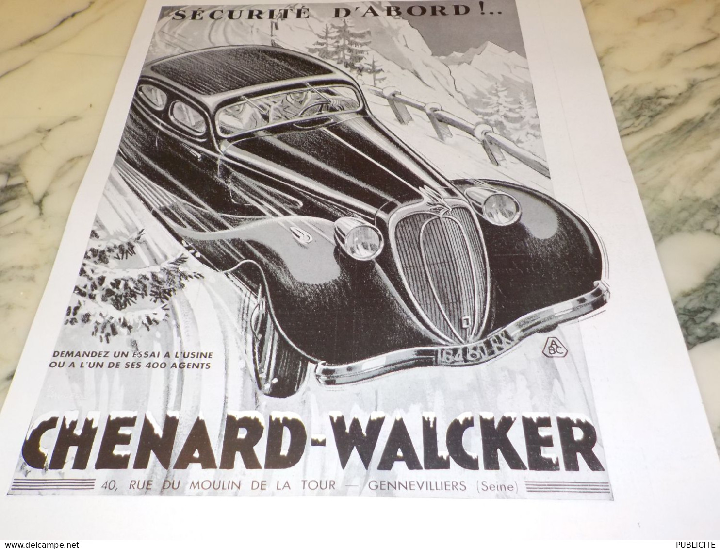 ANCIENNE PUBLICITE  SECURITE D ABORD AUTOMOBILE CHENARD & WALCKER  1936 - Voitures