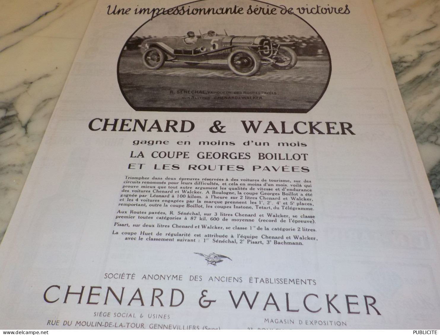 ANCIENNE PUBLICITE UNE SERIE DE VICTOIRES VOITURE CHENARD WALCKER 1924 - Voitures