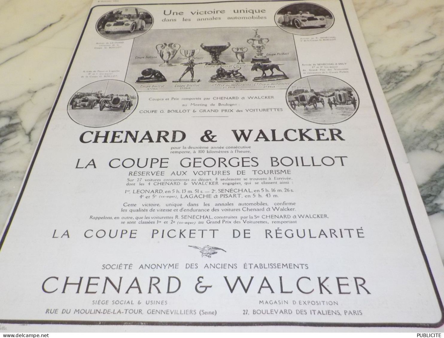 ANCIENNE PUBLICITE UNE  VICTOIRES UNIQUE VOITURE CHENARD WALCKER 1924 - Voitures