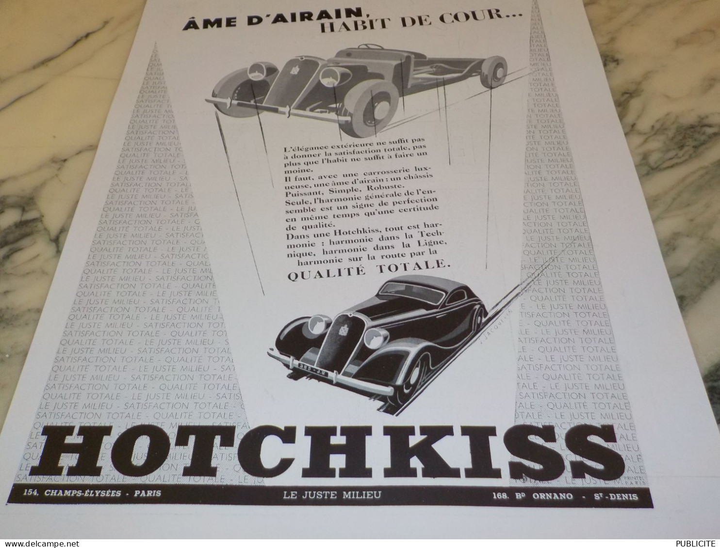 ANCIENNE PUBLICITE AME D AIRAIN VOITURE DE HOTCHKISS  1936 - Voitures