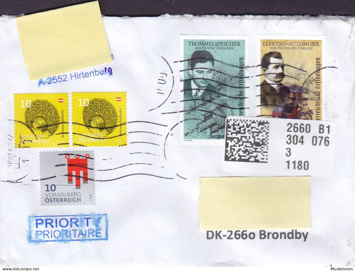 Austria Boxed PRIORITY Prioritaire HIRTENBERG 2023 Cover Brief BRØNDBY STRAND Denmark Ferdinand Porsche & G. Taushek - Cartas & Documentos