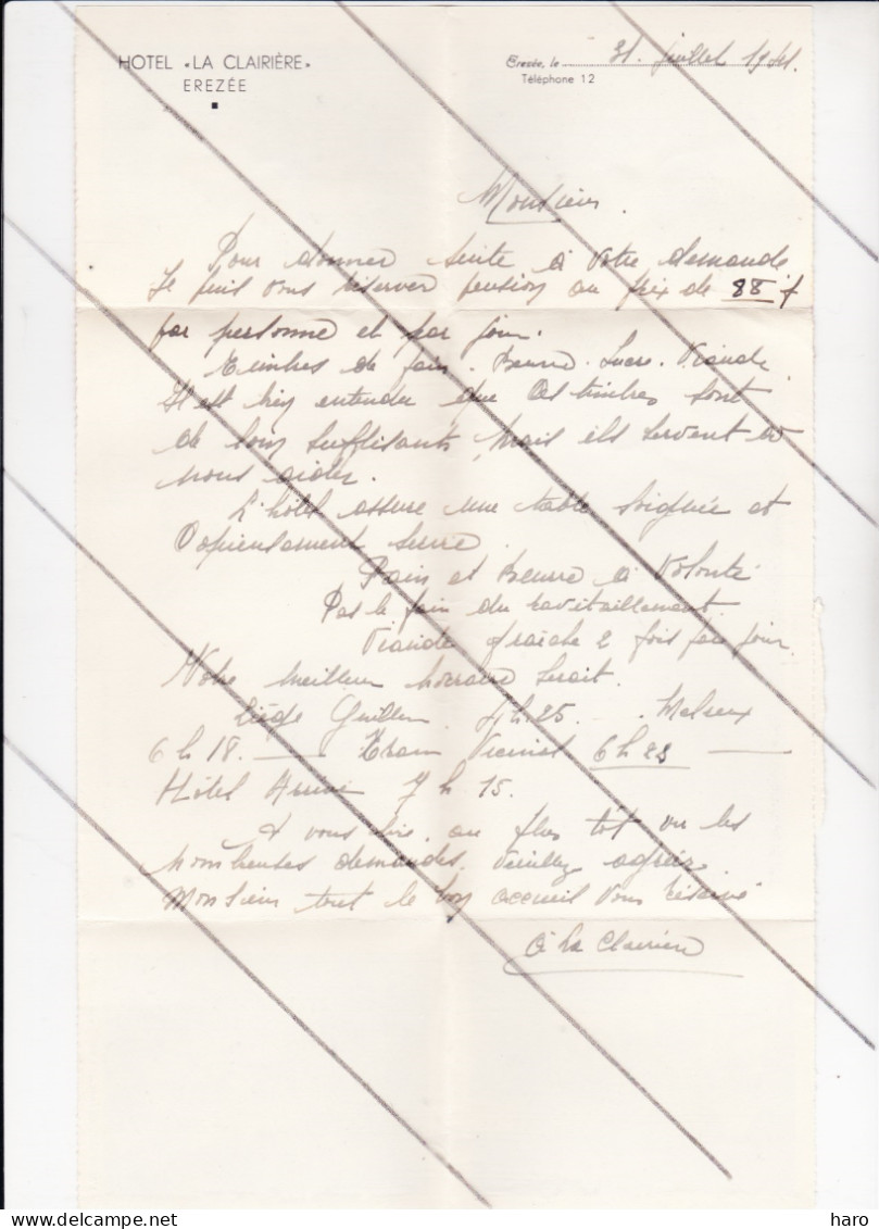 RARE - EREZEE - Carte Lettre De L'Hôtel " LA CLAIRIERE " De 1941 - Texte Intéressant  Guerre 40/45 (B331) - Erezee