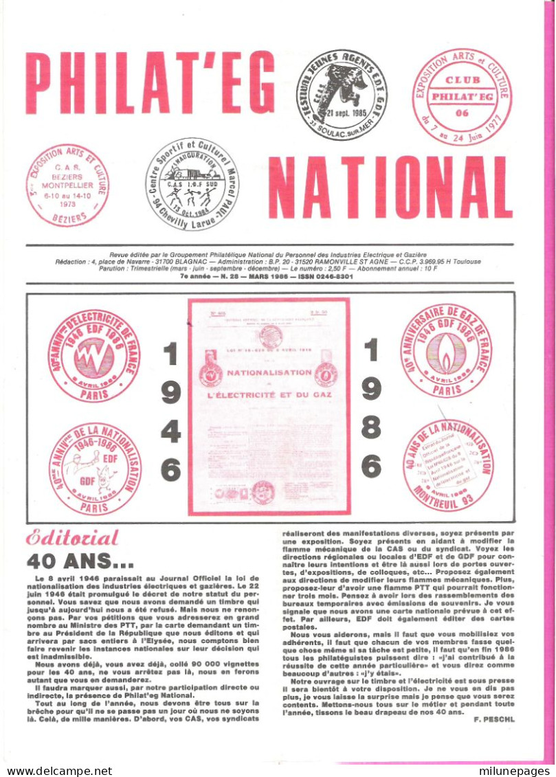 Magazine Philateg National N°28 Mars 1986 40 Ans Nationalisation EDF - Zeitungsmarken (Streifbänder)