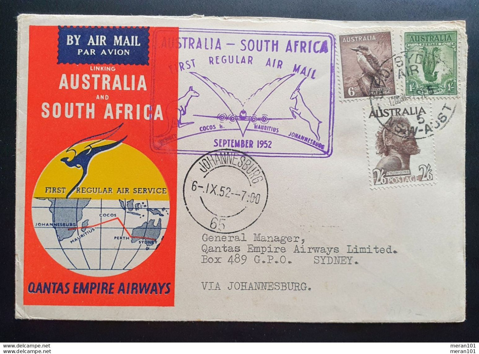 Australien 1952, Flugpost Qantas Erstflug Australien-Südafrika MiF - Premiers Vols