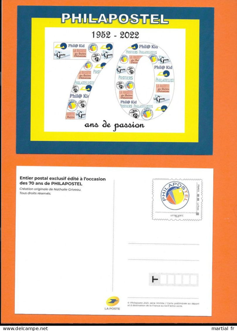 Entier Postal Timbré Sur Commande 70 Ans De Philapostel POSTIERS PHILATELISTES UNION PTT PASSION 2022 - Pseudo-entiers Privés