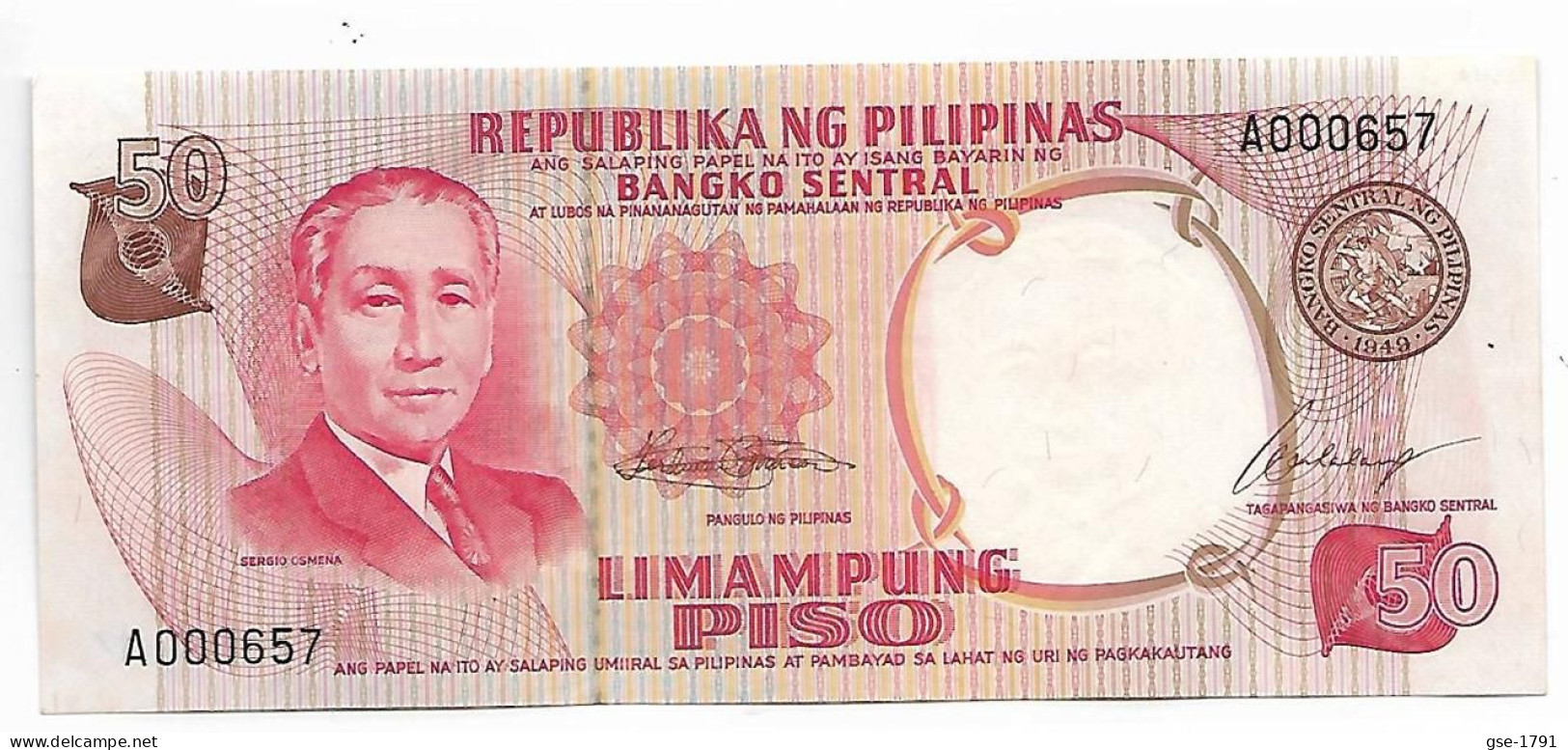 PHILIPPINES  50 PISO  #146a   1969   Prés.OSMENA  Sign; Marcos Calalang  , PISO En Grand & 2 Lignes ,  Petit N°NEUF - Philippines