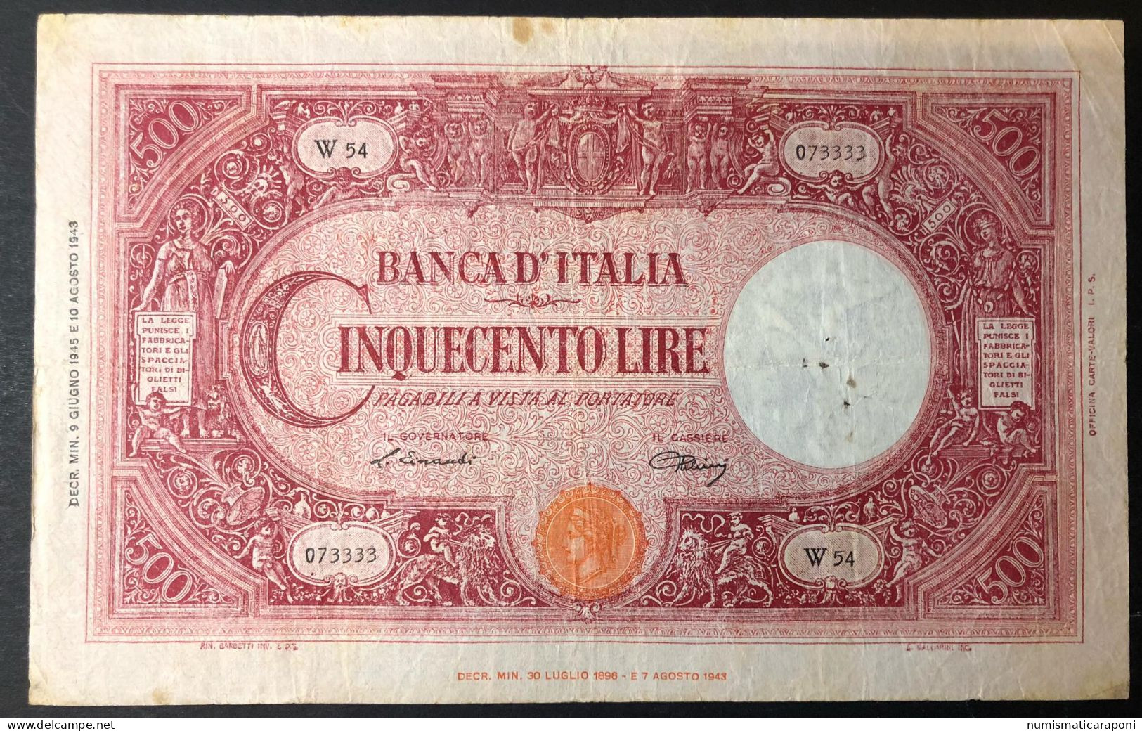 500 LIRE BARBETTI GRANDE C B.I. 09 06 1945 Forellini E Scritte Ma Bella La Carta E I Colori LOTTO 1567 - 500 Liras