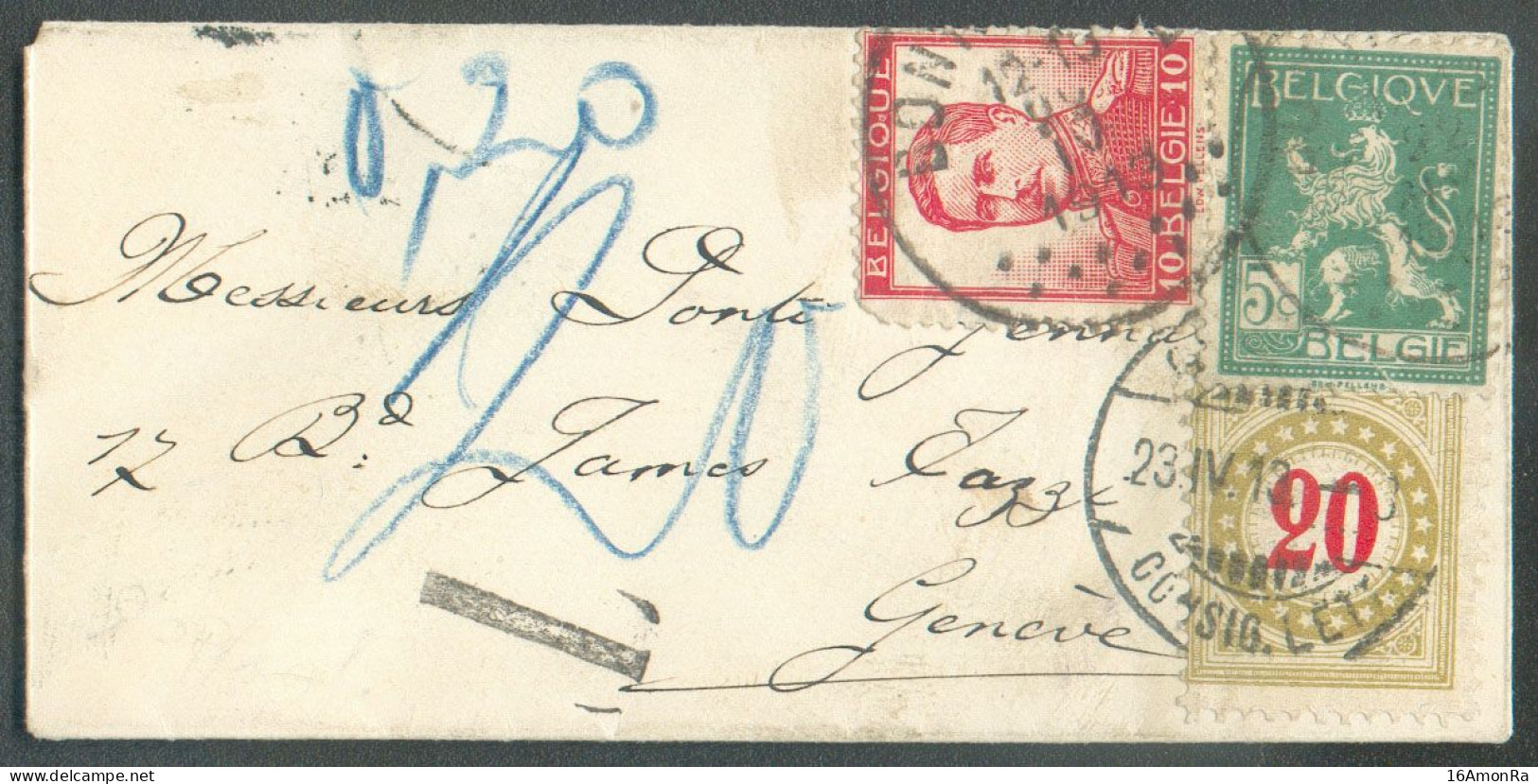 N°110-118 - 5 Et 10c. PELLENS Obl. Sc BONSECOURS Sur Enveloppe Carte De Visite Du 22-IV-1913 Vers Genève (Suisse) Et Tax - 1912 Pellens