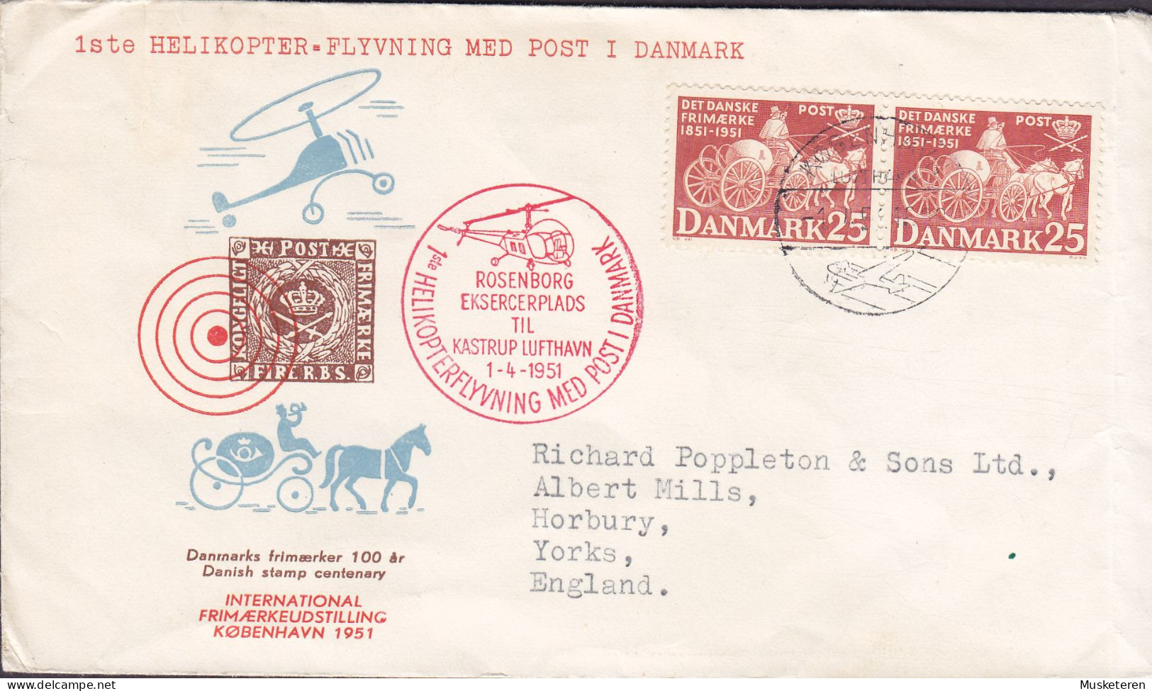 Denmark Airmail 1st HELICOPTER Flight 1951 Cover Brief Rosenborg Eksercerplads - Kastrup Lufthavn Airport To England - Poste Aérienne