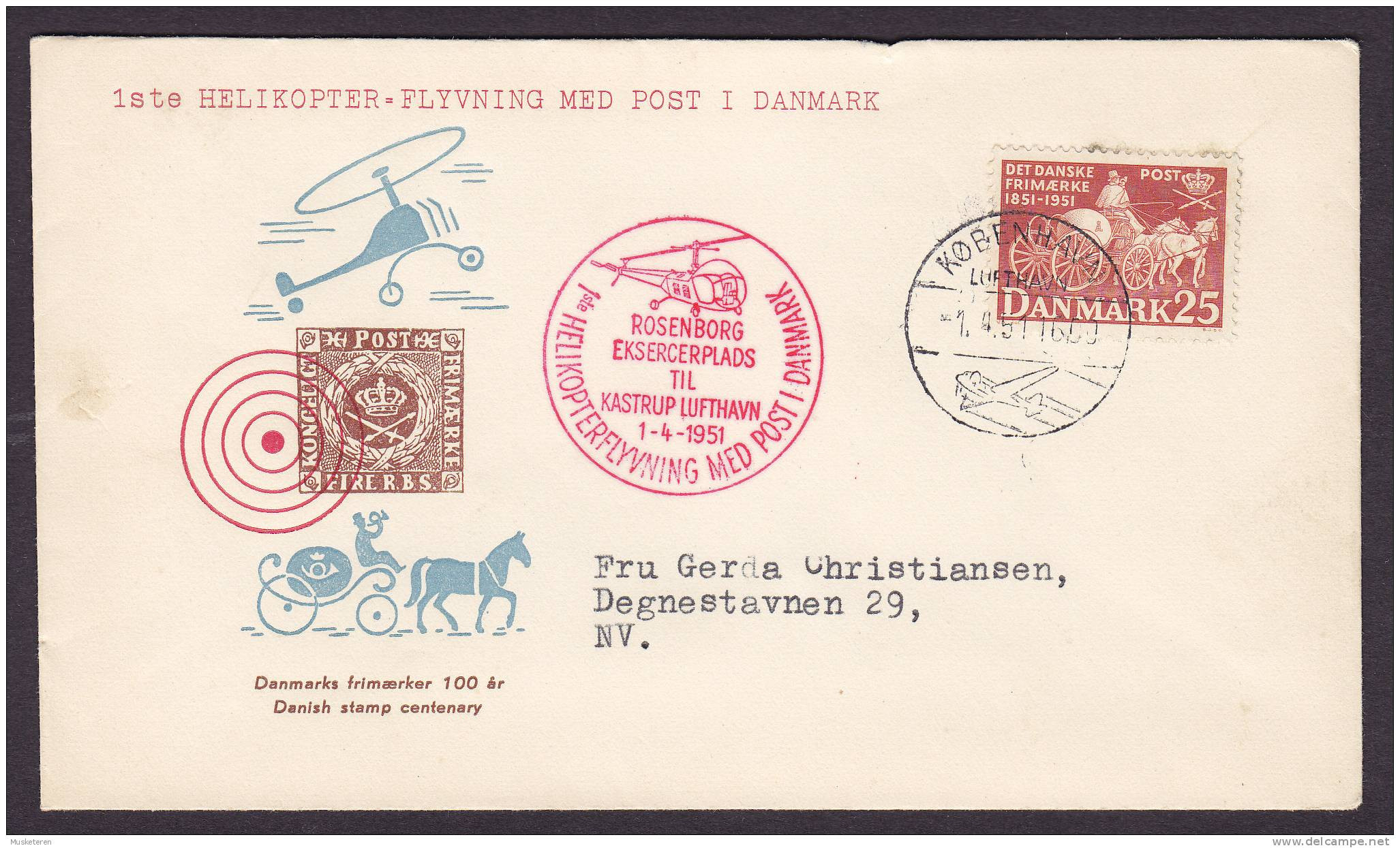 Denmark Airmail 1st HELICOPTER Flight Cover 1951 Rosenborg Eksercerplads To Kastrup Lufthavn Airport - Airmail