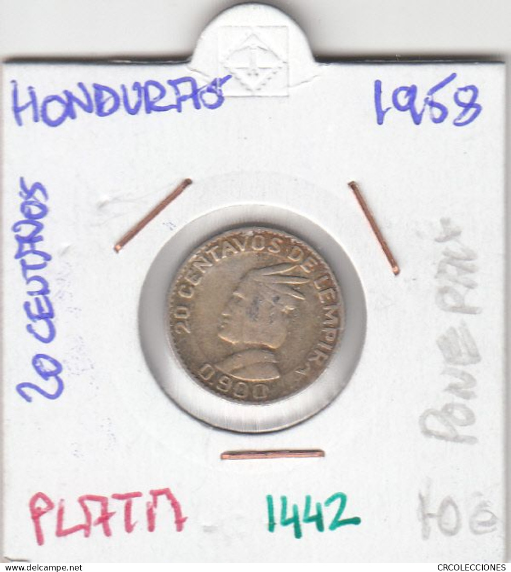 CR1442 MONEDA HONDURAS 20 CENTAVOS 1958 PLATA MBC - Honduras