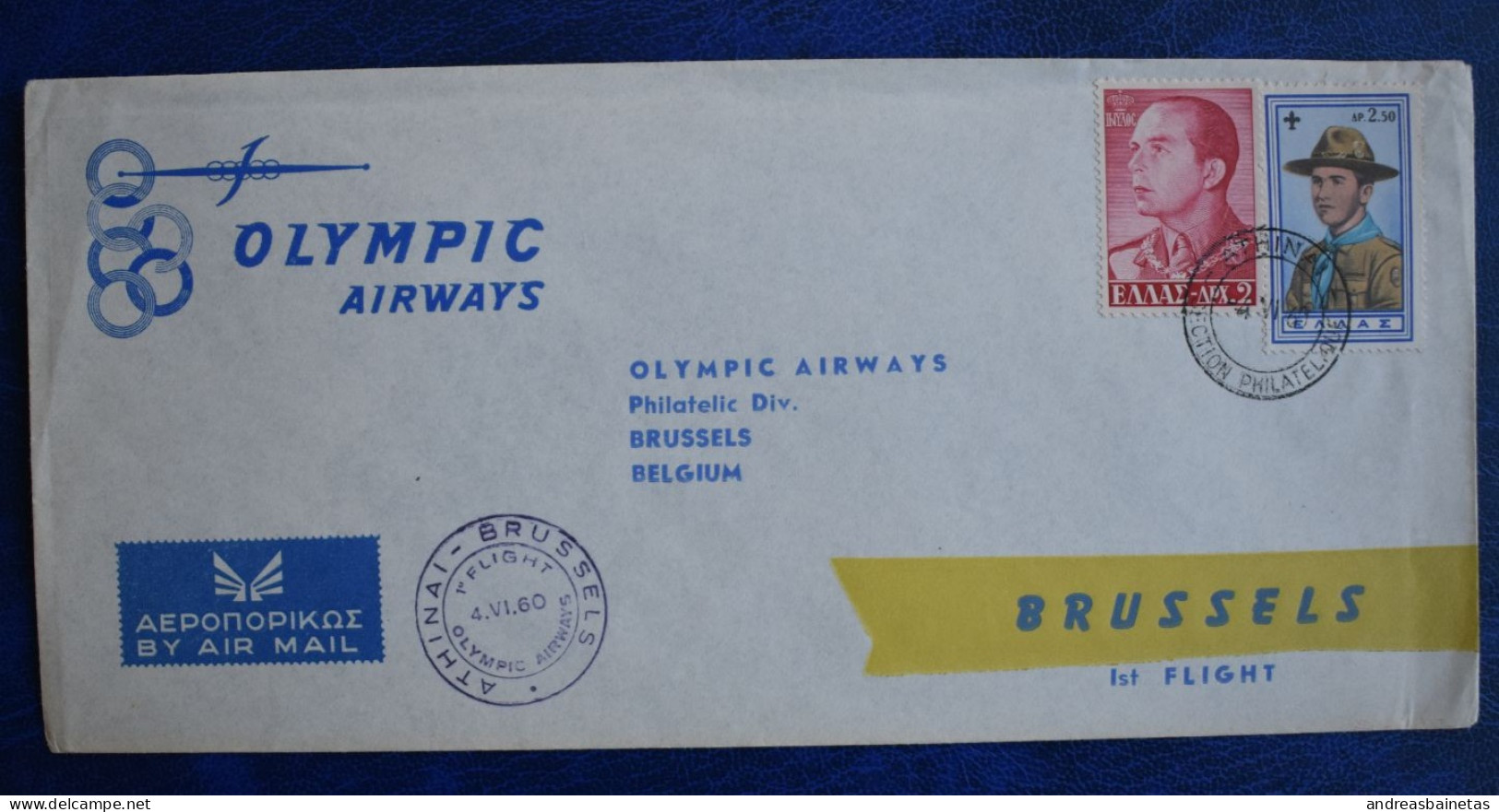 Stamps Greece 1960 First Flight Olympic Airways Athens - Brussels Belgium 4/6//1960 - Briefe U. Dokumente