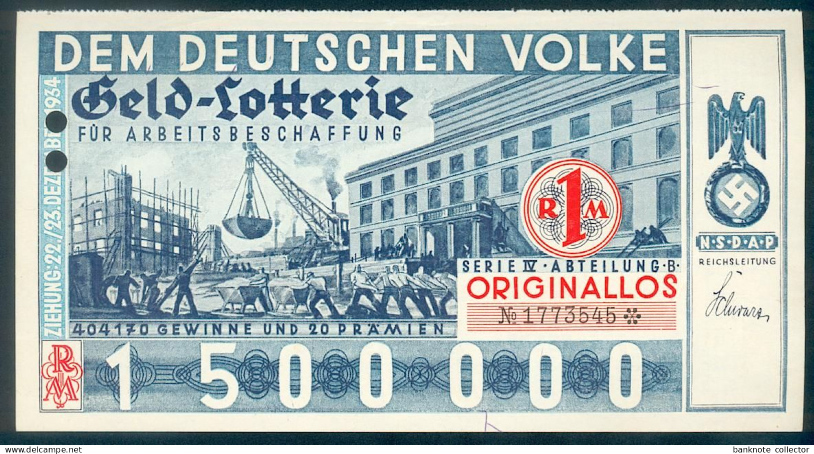 Deutschland, Germany - " DEM DEUTSCHEN VOLKE ", GELDLOTTERIE, FOTO & DOKUMENT Der NSDAP, 1934 ! - Otros & Sin Clasificación