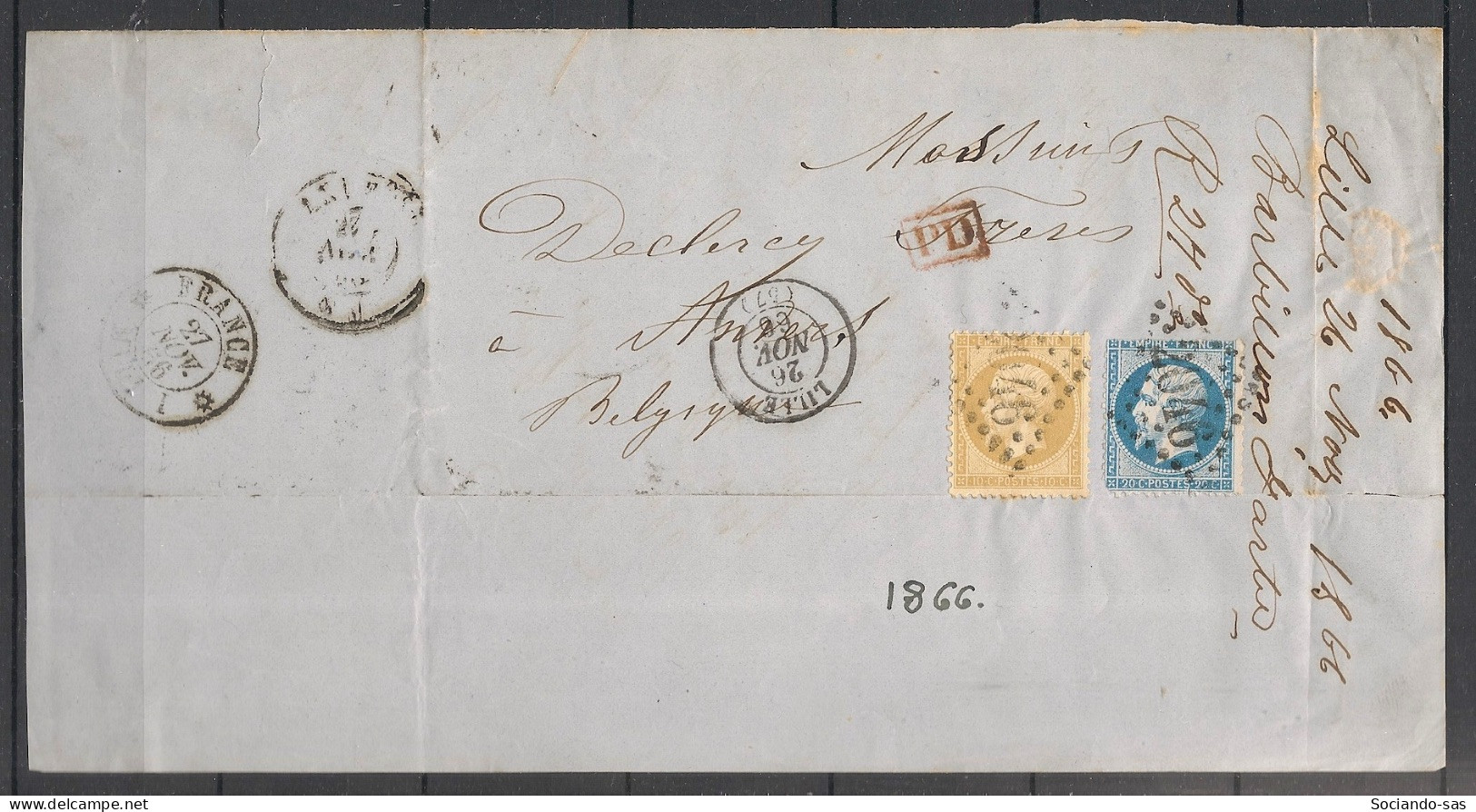 FRANCE - 1862 - N°Yv. 21 Et 22 - Napoléon III - Fragment De Lettre De Lille Vers La Belgique - Oblitéré / Used - 1862 Napoléon III