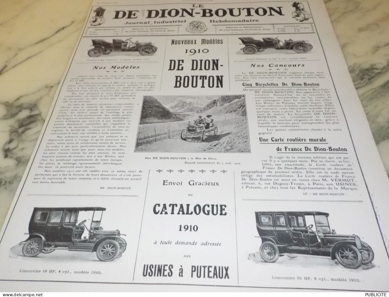 ANCIENNE PUBLICITE CATALOGUE AUTOMOBILE DE DION BOUTON 1909 - Voitures