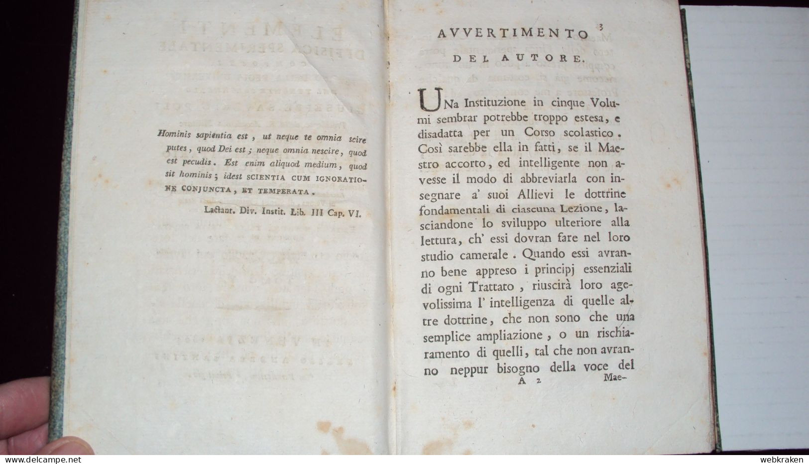 VECCHIO LIBRO ELEMENTI DI FISICA SPERIMENTALE TOMO V STAMPATO IN VENEZIA 1804 CON TAVOLE PIEGATE MOLTO BELLO - Libri Antichi