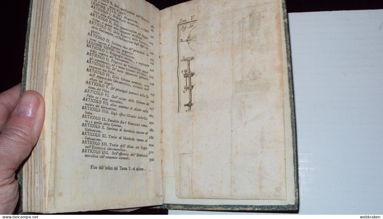 VECCHIO LIBRO ELEMENTI DI FISICA SPERIMENTALE TOMO V STAMPATO IN VENEZIA 1804 CON TAVOLE PIEGATE MOLTO BELLO