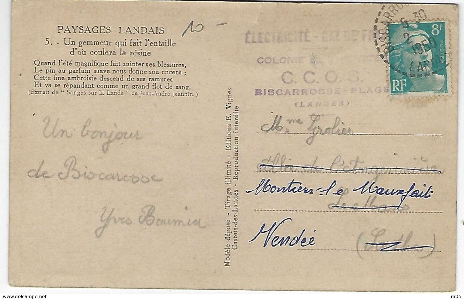 ELECTRICITE - GAZ De FRANCE - COLONIE De VACANCES - CCOS BISCAROSSE Plage ( Landes ) CP 1950 Pour Moutiers Le Mauxfait - Autres & Non Classés