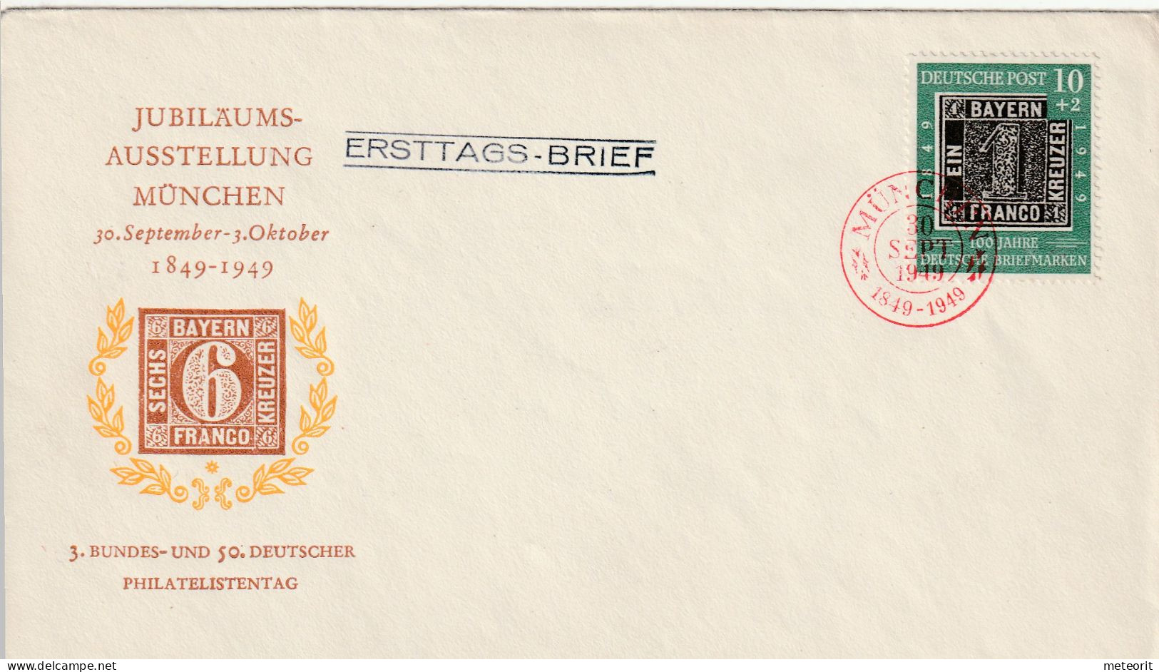 "100 Jahre Deutsche Briefmarke" MiNr. 113 ERSTTAGSBRIEF MÜNCHEN 30 SEPT 1949 (Rückseite 3 Falzstellen) - 1948-1960