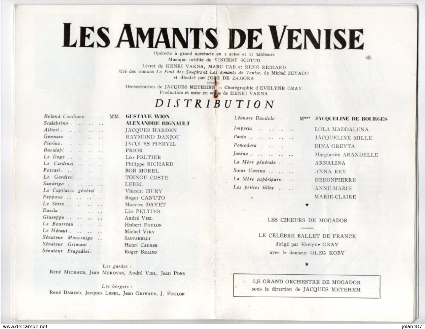 PROGRAMME THEATRE MOGADOR  1953   -  LES AMANTS DE VENISE  - - Programmes