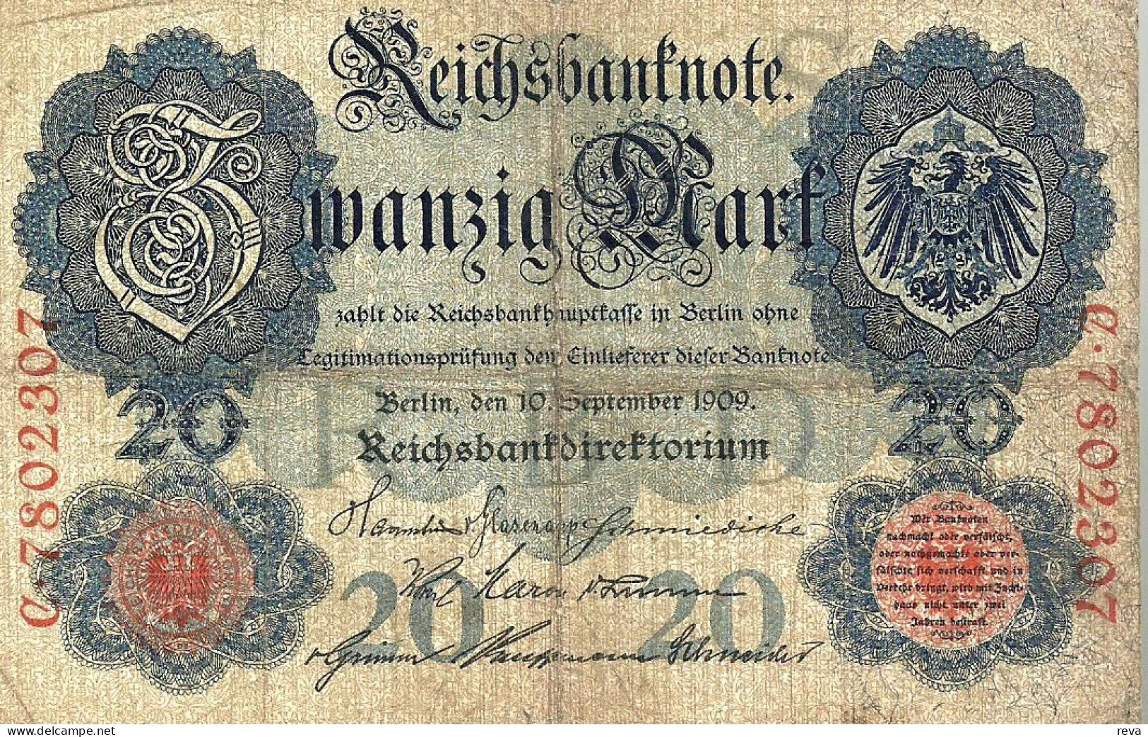 GERMANY 20 MARK BLUE EAGLE EMBLEM FRONT & MOTIF BACK  DATED 10-09-1909 F P? READ DESCRIPTION !! - 20 Mark