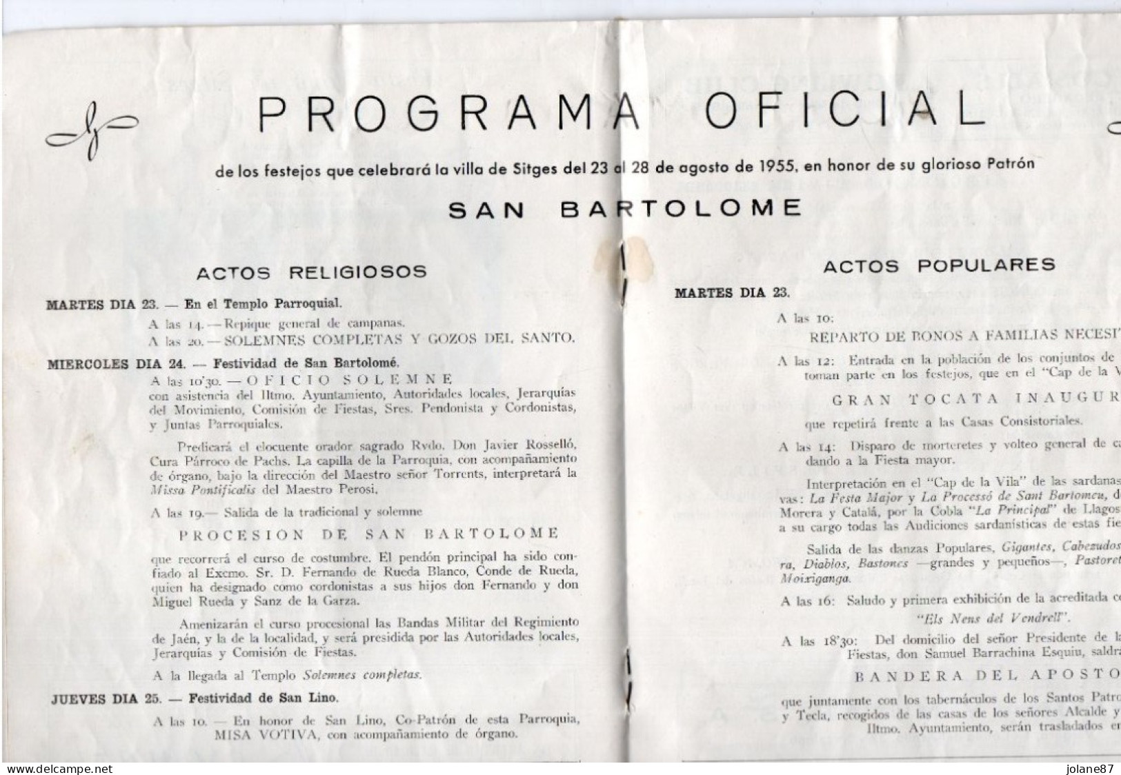 PROGRAMME - PROGRAMA OFICIAL  - FIESTA MAYOR 1955 HONOR SU GLORIOSO PATRON SAN BARTOLOME   -  SITGES PLAY DE ORO - Programmes