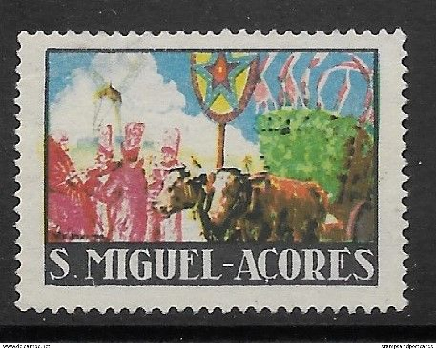 Portugal Açores Ile De São Miguel Vignette  Char à Bœufs Azores São Miguel Island Ox Cart Cinderella - Local Post Stamps