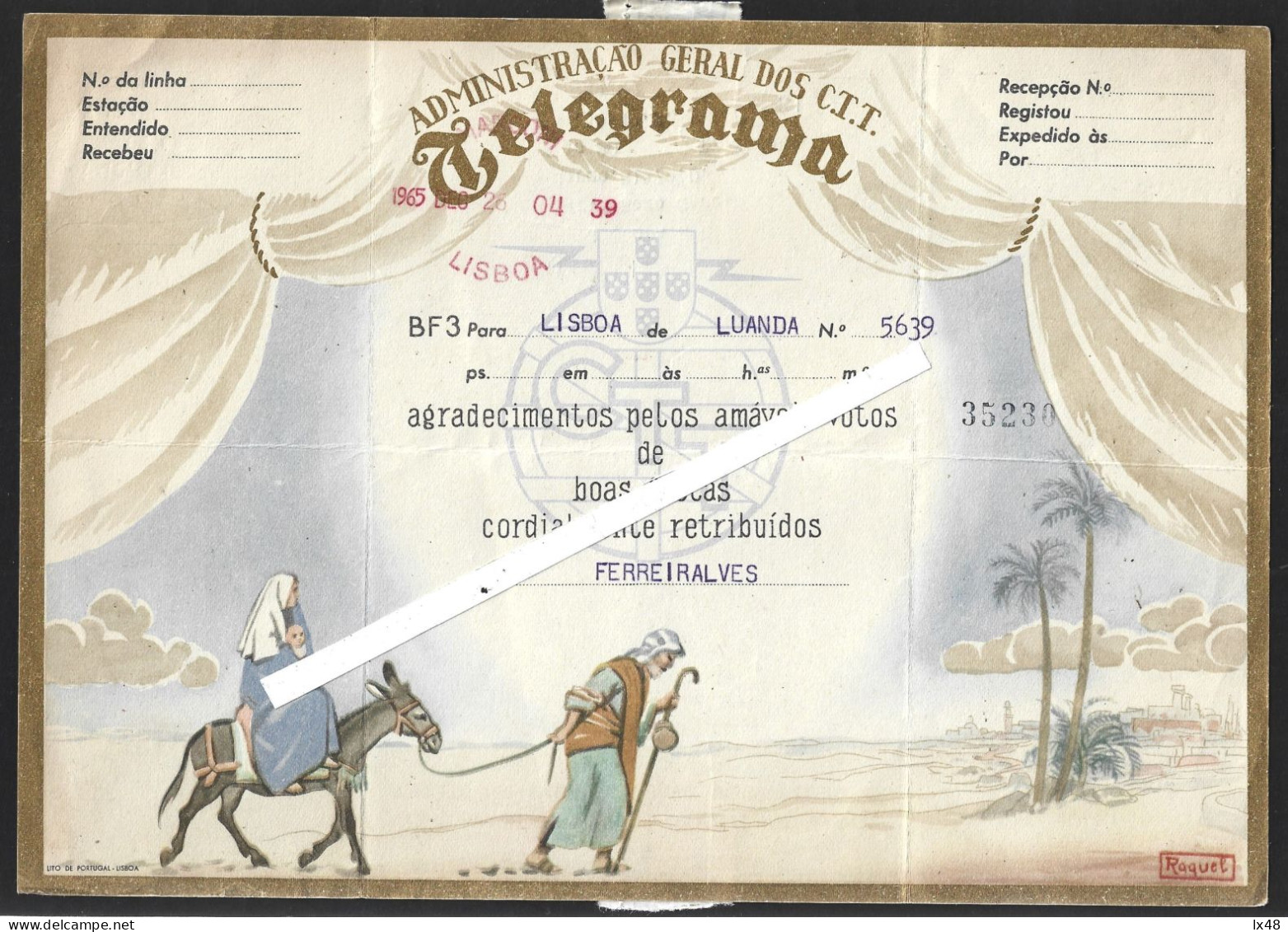 Dumb. Christmas Telegram With Obliteration Of Radio Marconi 1965 Circulated Luanda/Lisbon. Mary And Joseph Flee To Egypt - Burros Y Asnos