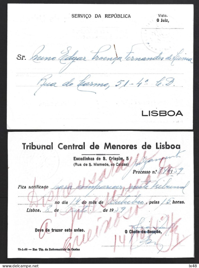 Postal Do SR - Serviço Da República, Juiz Do Tribunal Central De Menores De Lisboa Isento De Porte. Circulado Em 1959. - Briefe U. Dokumente