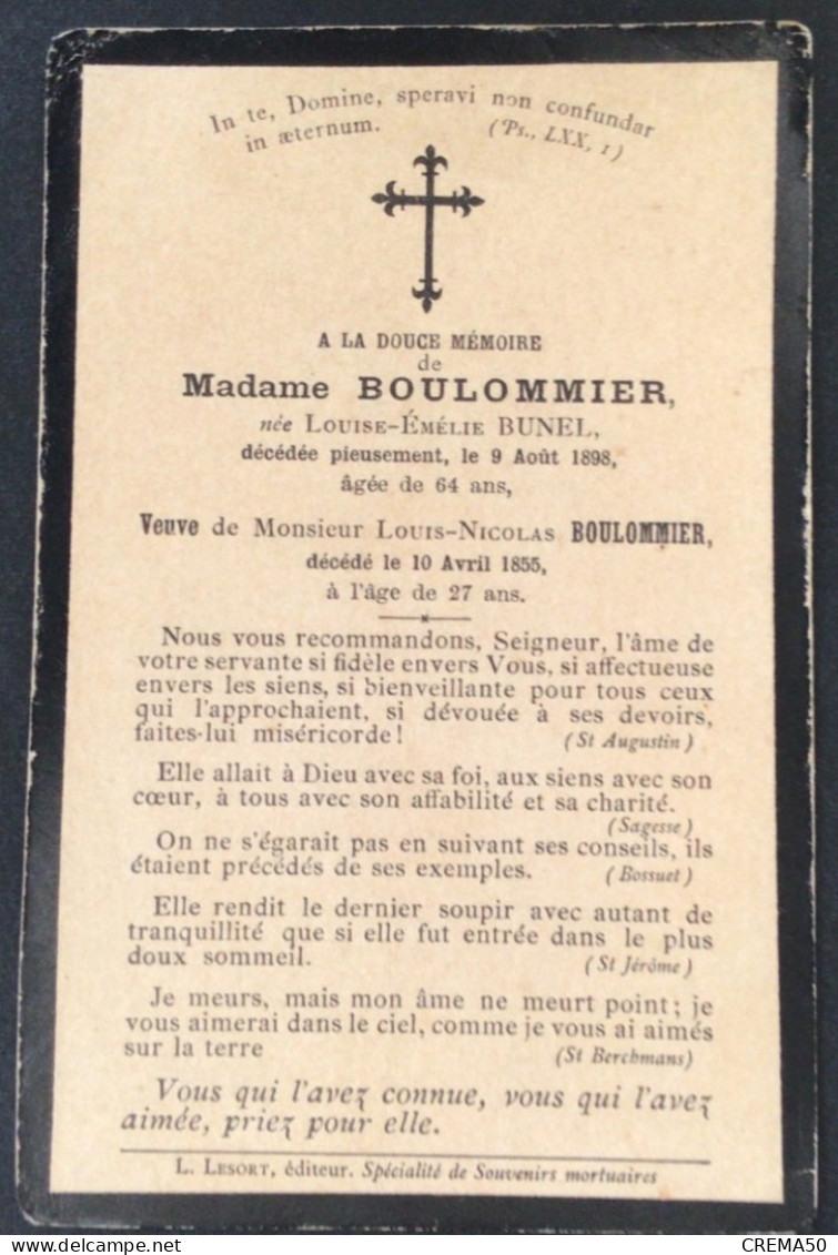 À La Douce Mémoire De Mme Boulommier Décédé Le 9 Août 1898 - Obituary Notices