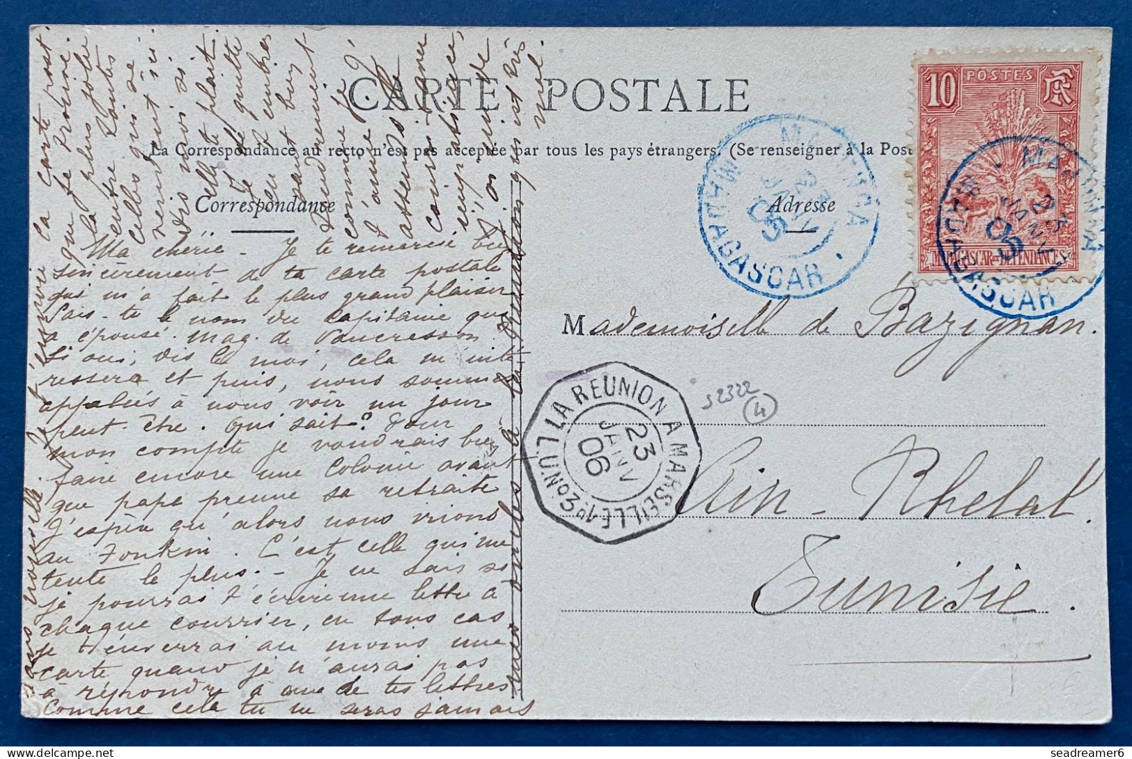 Carte Postale Nossi Bé  Obl Dateur Bleu De MAJUNGA Pour Ain-RHELAL/ TUNISIE + Dateur Octogonal LA REUNION A MARSEILLE - Brieven En Documenten