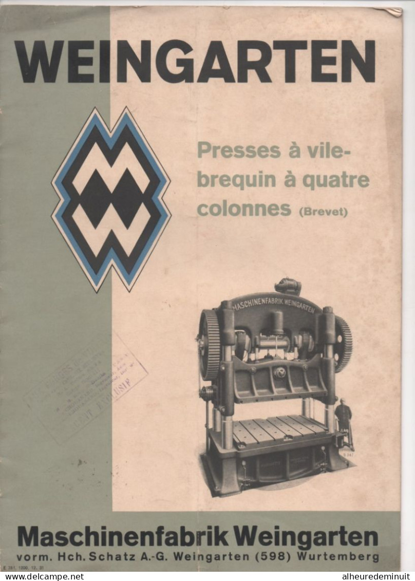 Catalogue"WEINGARTEN MASCHINENFABRIK"WURTEMBERG"PRESSE A VILEBREQUIN 4 COLONNES"usine"Allemagne"machine-outil"RAVENSBURG - Materiaal En Toebehoren