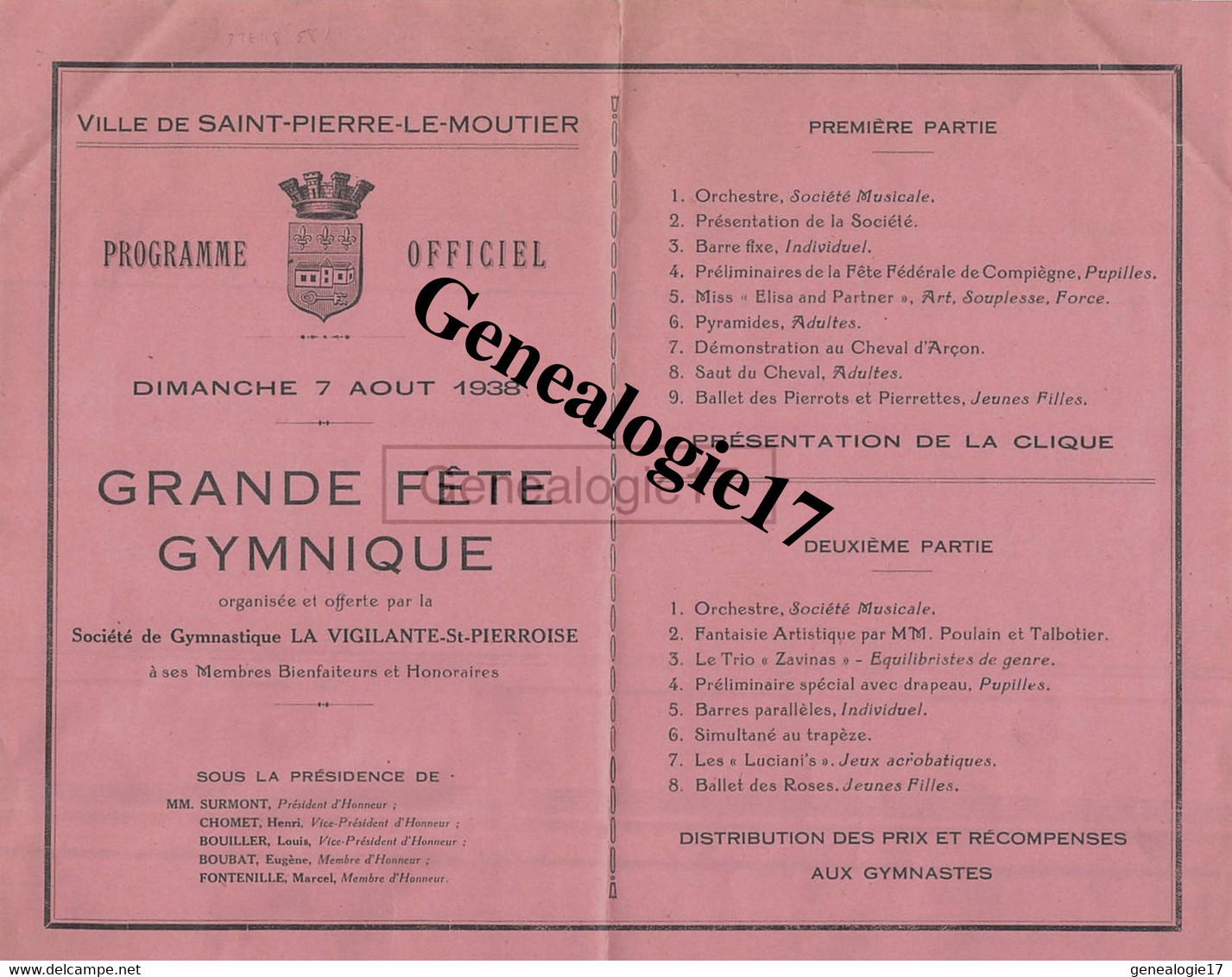 58 0471 SAINT PIERRE LE MOUTIER NIEVRE 1938 Gymnastique SOIREE GYMNIQUE Mr SURMONT CHOMET BOUILLER BOUBAT FONTENILLE - Gymnastics