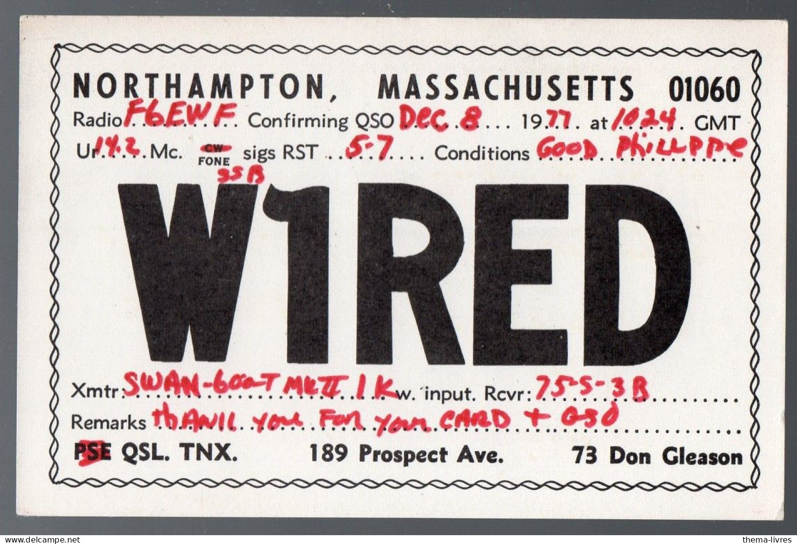 Northampon Massachusetts  (USA)    Carte QSL De Radio Amateur  1977    (PPP41433) - Northampton