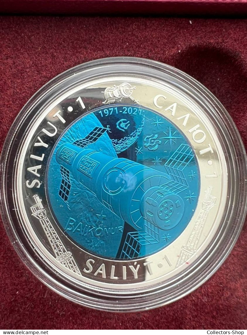 KAZAKHSTAN:NEW Coin 500 Tenge 2021 SALYUT-1 (DOS-1) Silver +TANTALUM Space - Kazakistan