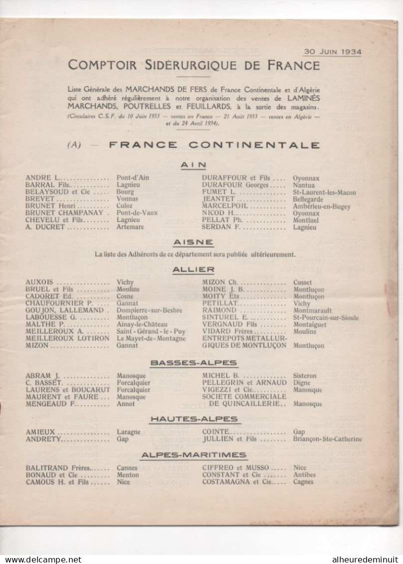 COMPTOIR SIDERURGIQUE DE FRANCE"1934"liste Des Marchands De Fer De France Et Algérie"Laminés"Poutrelles"Feuillards"..... - Materiaal En Toebehoren