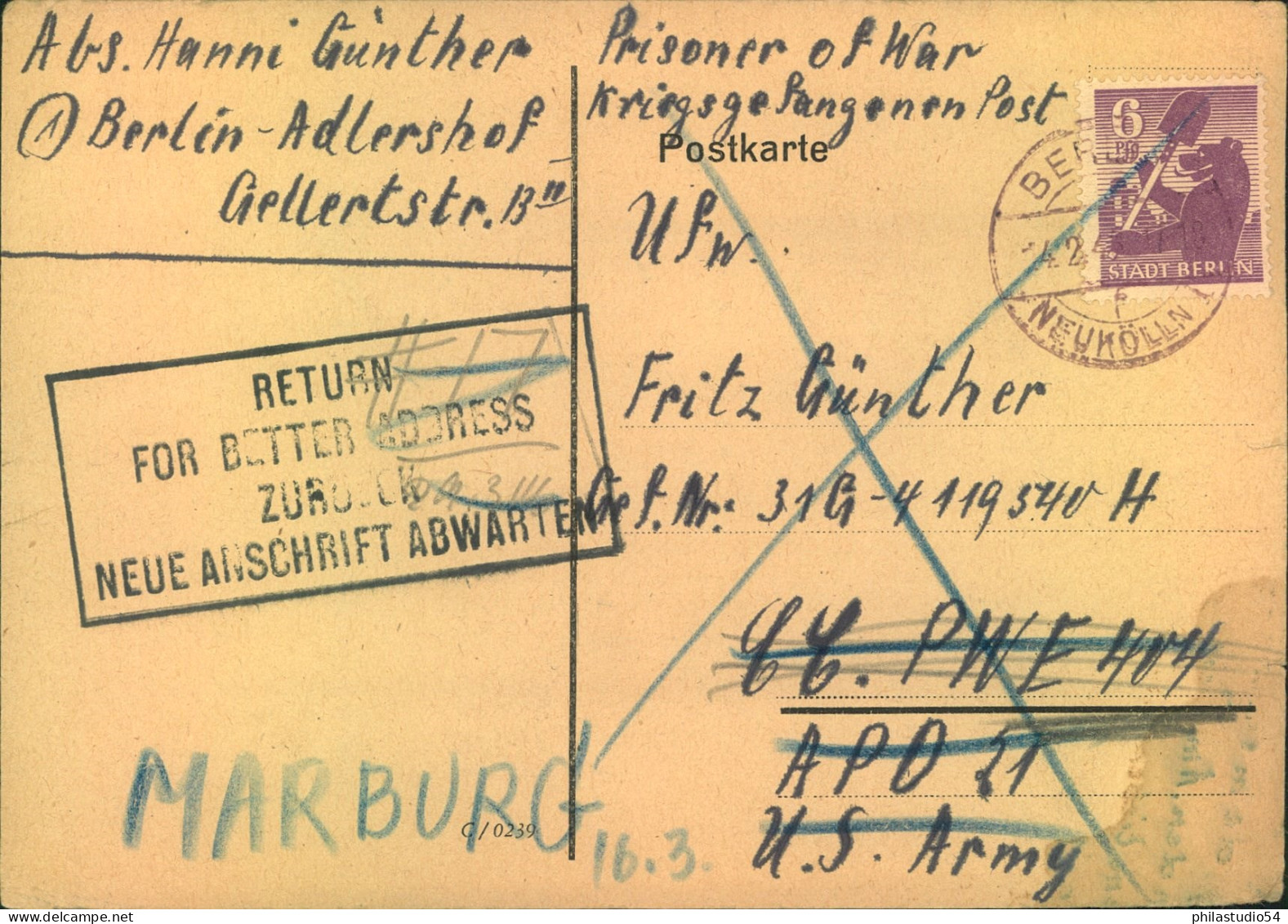 1946, Kriegsgefangenenkarte Aus „BERLIN  NEUKÖLLN  14.2.46“  Nach USA - Altri & Non Classificati