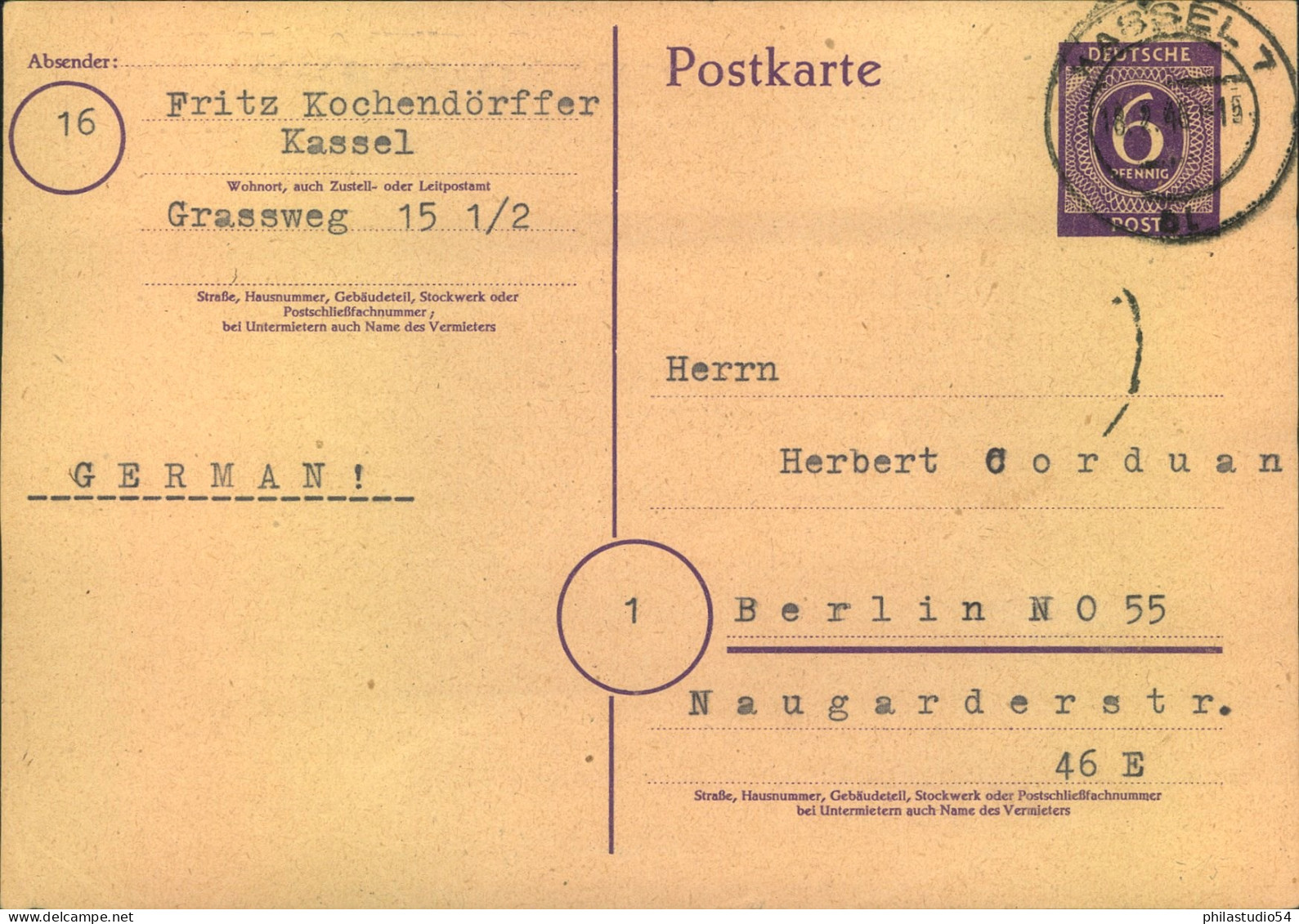 1946, 6 Pf. Ganzsachenkarte In Frühverwendung „KASSEL 7 – 18.2.46“ - Andere & Zonder Classificatie