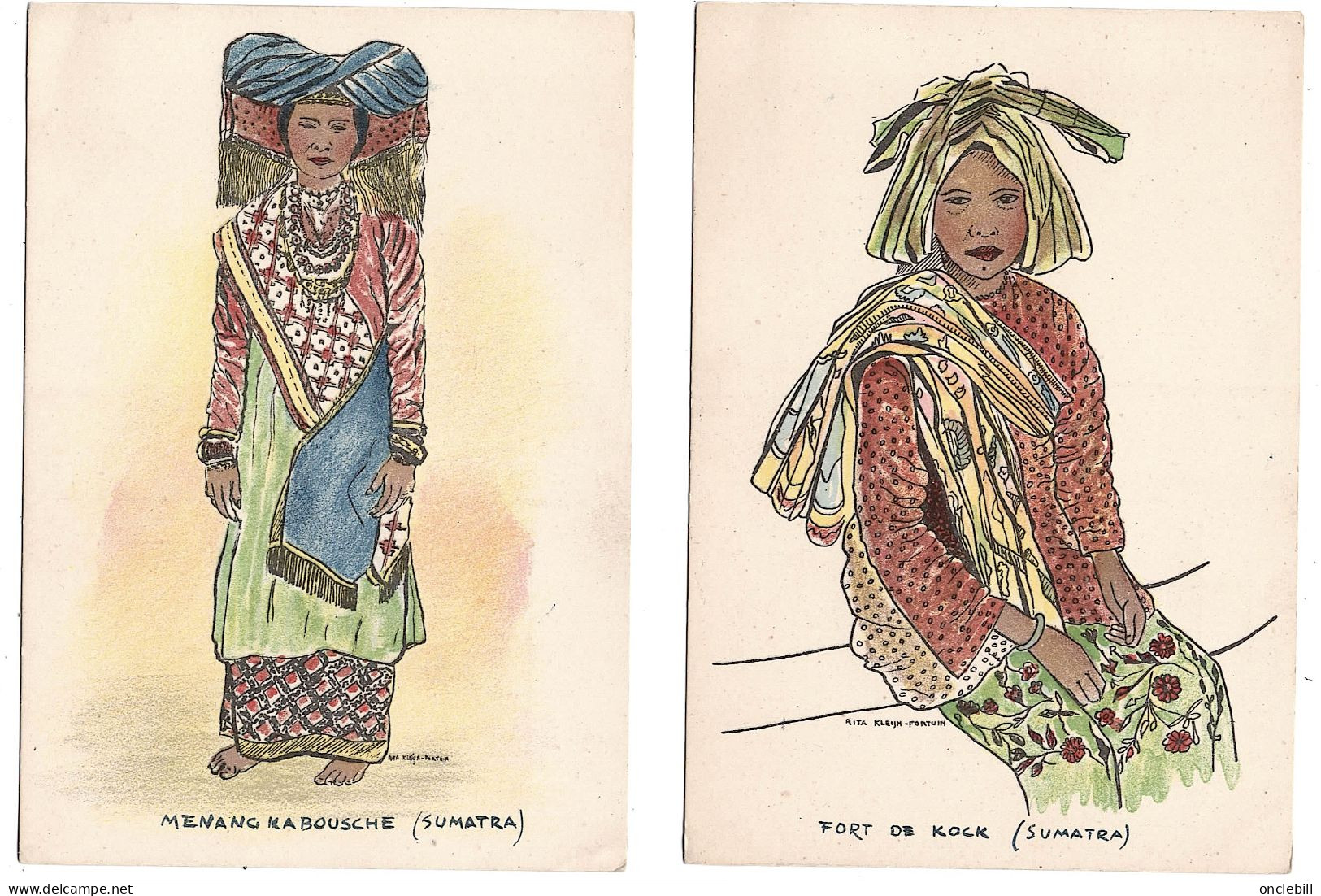 Indonesie Sumatra Bornéo 4 Cartes Dessins Rita Kleijn Fortuin Imprimeur Pontianak  1950 état Superbe - Indonésie