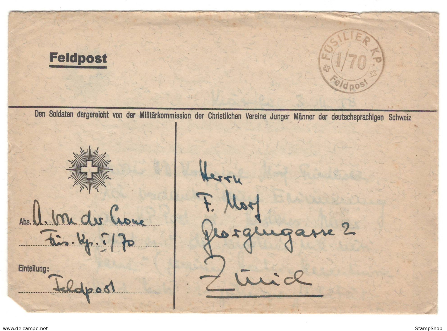 1950 Feldpost, Militaria - Switzerland - FUSILIER (infantry) 1/70 - Cover Envelope - Oblitérations