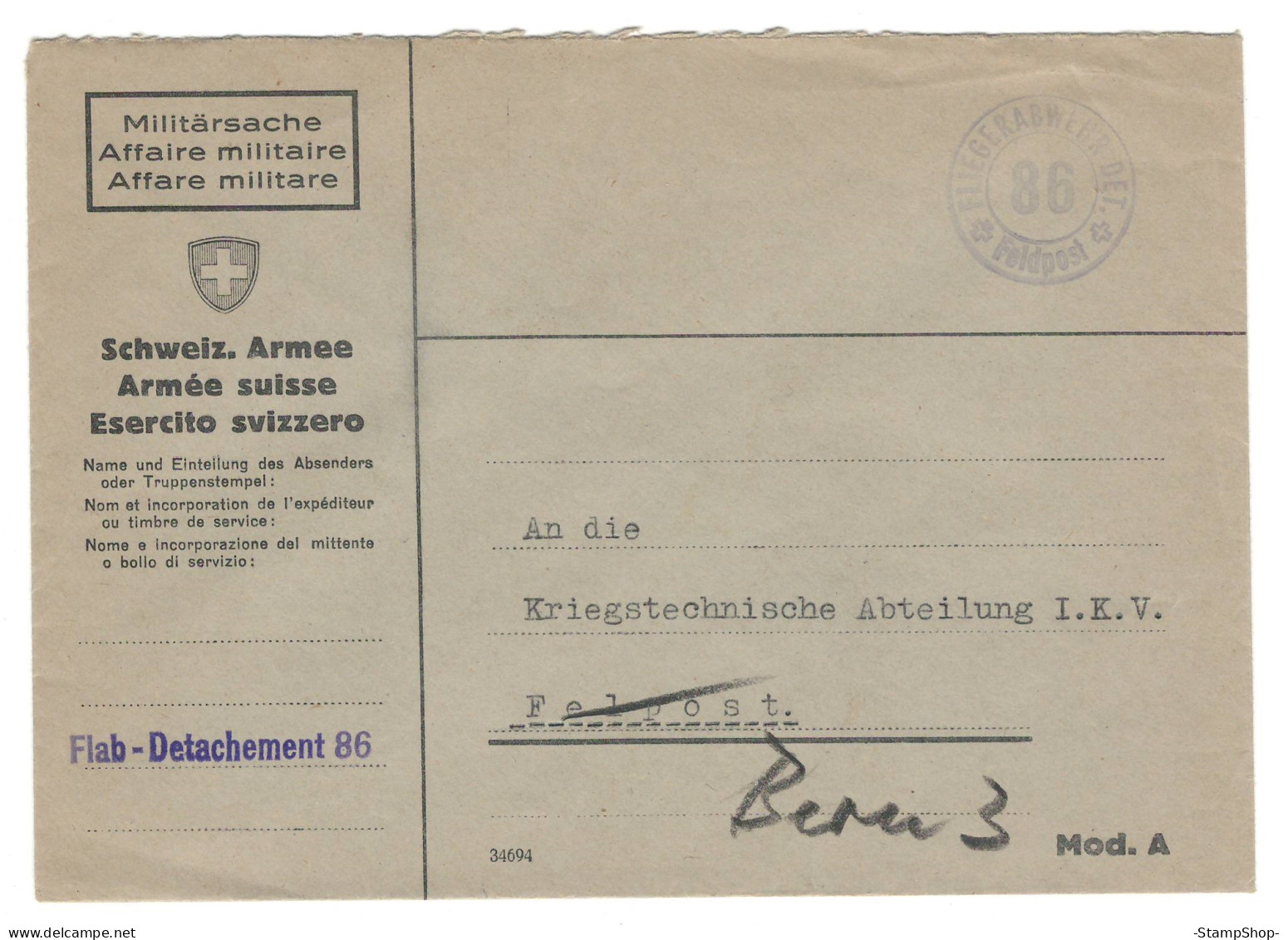 Feldpost, Militaria - Switzerland - FLIEGERAB (anti-aircraft) 86 - Cover Envelope - Abstempelungen