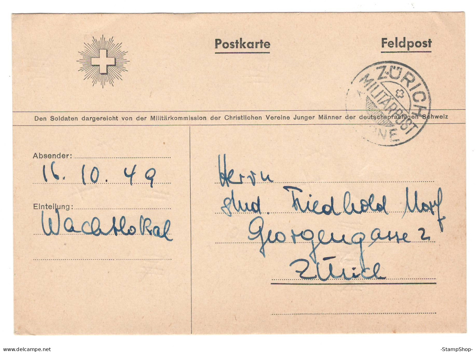 Feldpost, Militaria - Zurich, Switzerland - Postcard - Postmarks