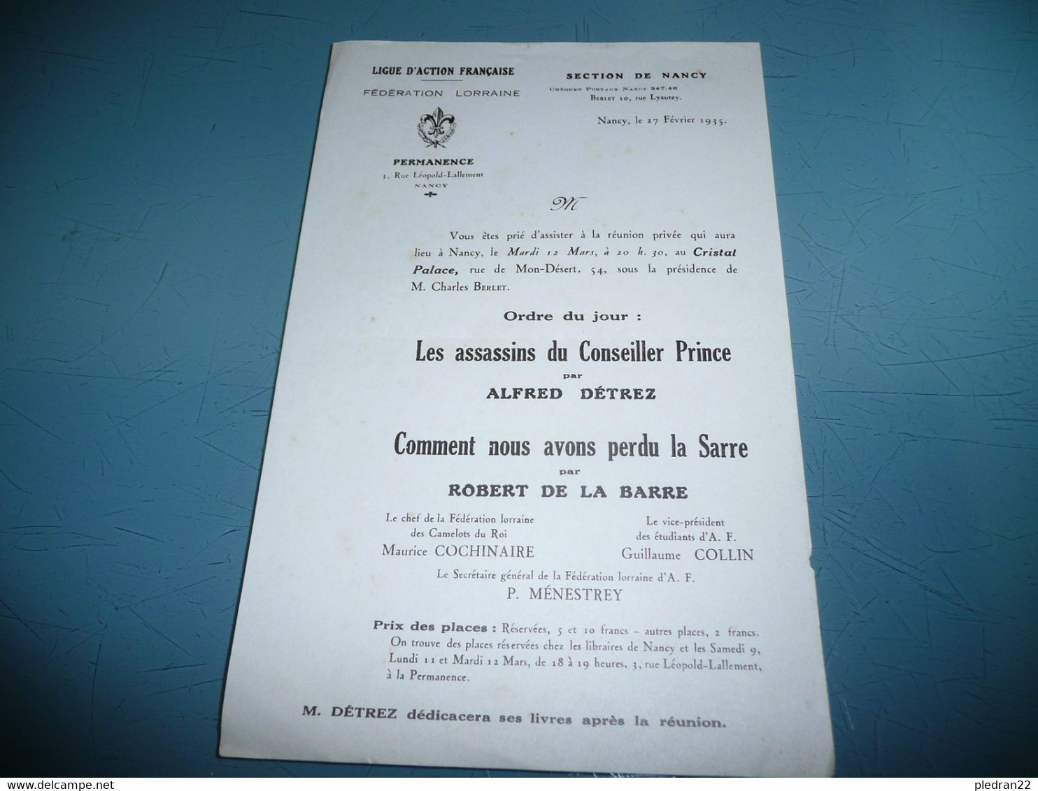 REUNION PRIVEE LIGUE D'ACTION FRANCAISE DE NANCY PROGRAMME ALFRED DETREZ ROBERT DE LA BARRE CAMELOTS DU ROI 1935 - Programmes