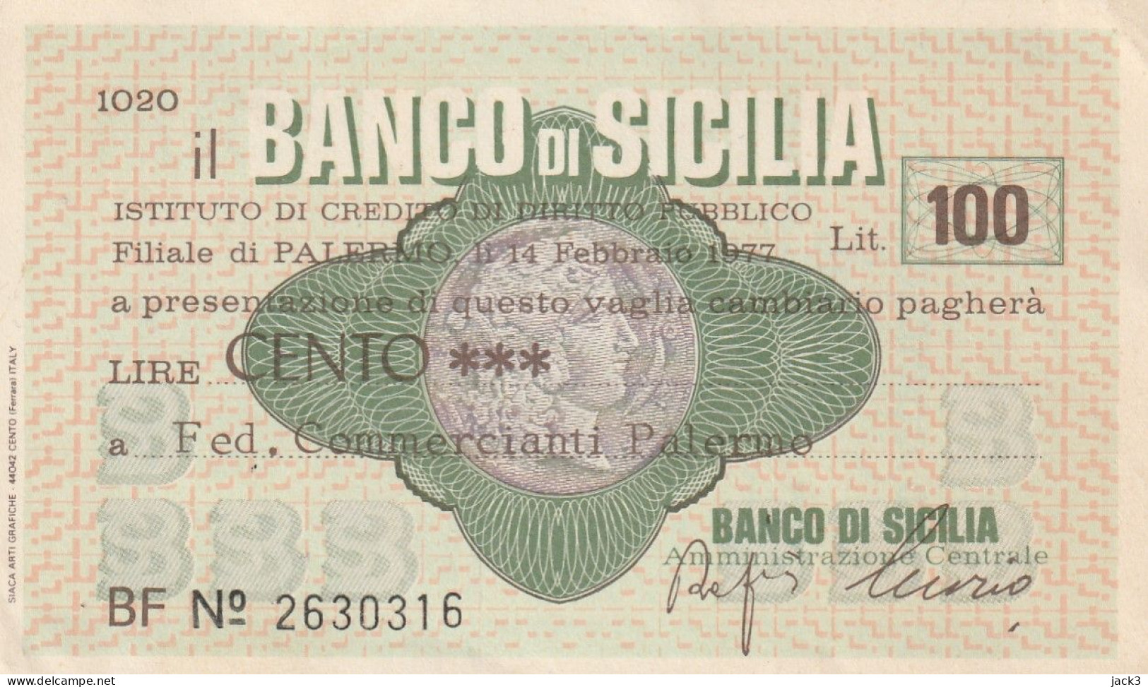 SICILIA - MINI ASSEGNO DA £100   1977 - Verzamelingen