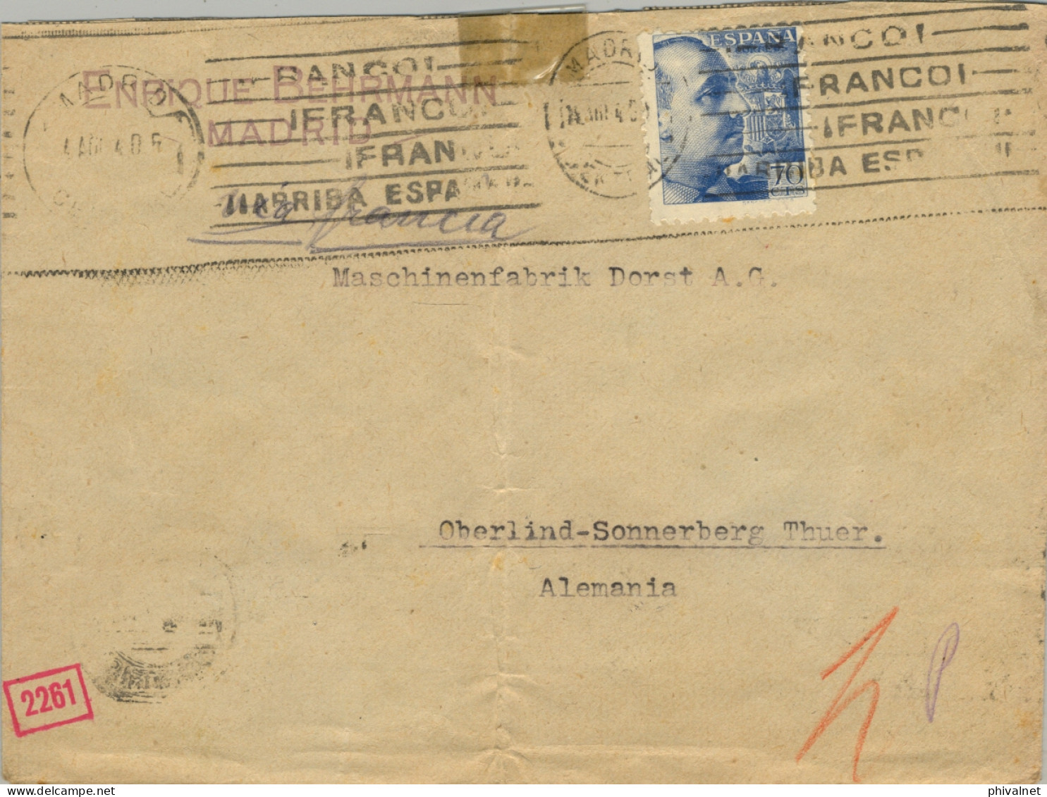 1940 , MADRID - OBERLIND , SOBRE CIRCULADO , DOBLE BANDA DE CIERRE DE CENSURA - Briefe U. Dokumente