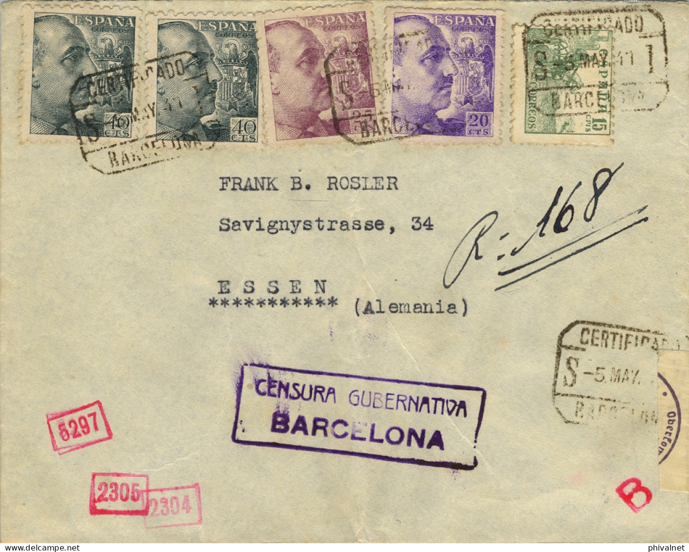 1941 BARCELONA - ESSEN , SOBRE CERTIFICADO , LLEGADA , DOBLE CENSURA - Lettres & Documents