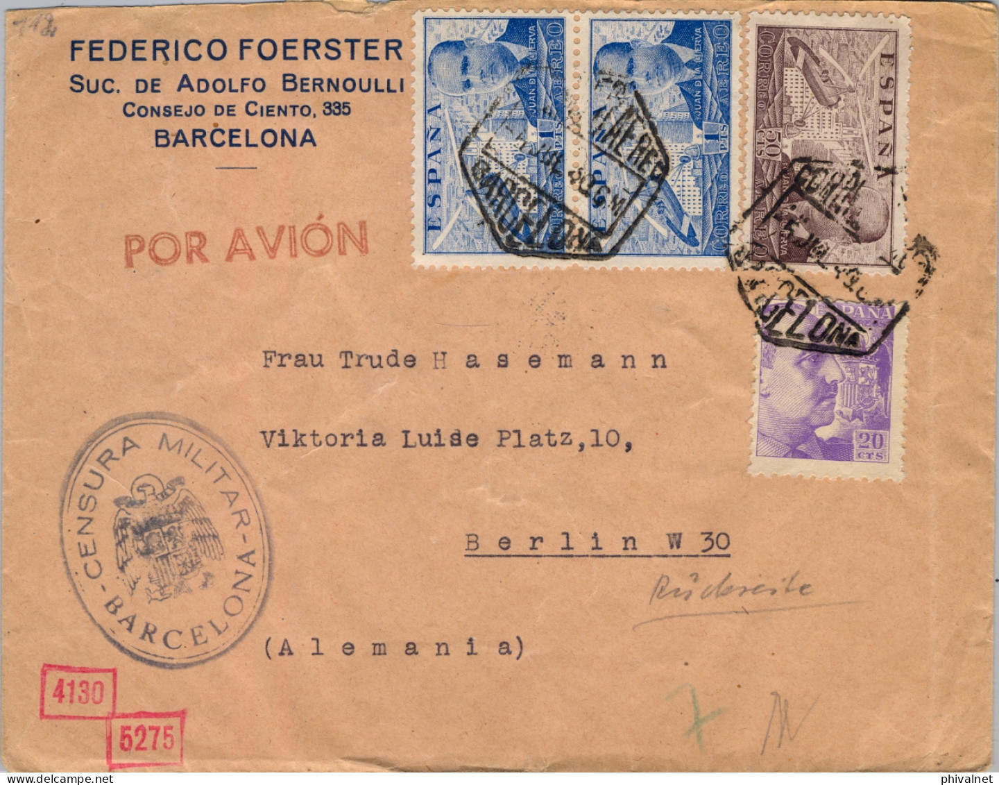 BARCELONA - BERLIN , CORREO AÉREO , SOBRE CIRCULADO , CENSURA MILITAR DE BARCELONA Y ALEMANA AL DORSO - Briefe U. Dokumente